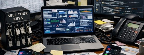 Self-tour keys beside a laptop and office technology